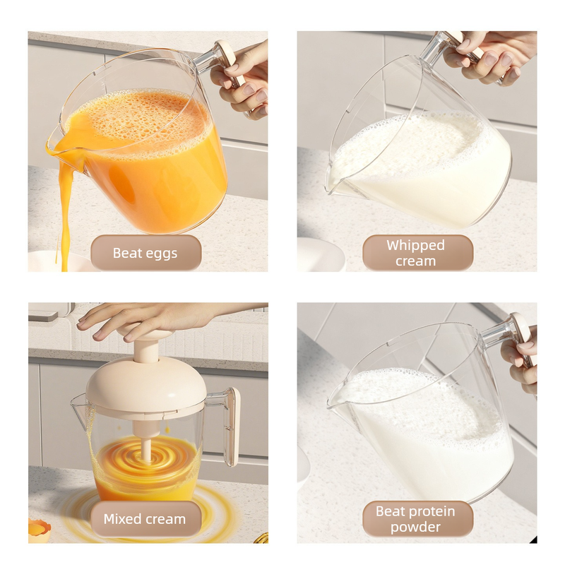Semi-Auto Press Egg Mixer Cup, Large-Capacity Hand Whisk with Filter Spout for Baking, Whipping Cream, and Beating Eggs—Pink
