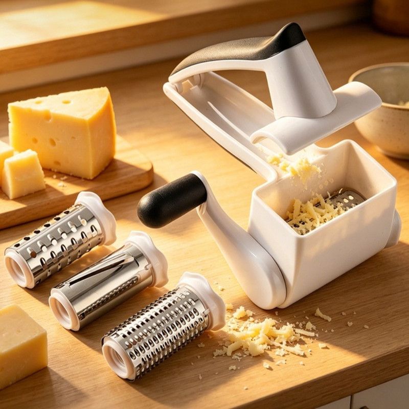 Hand Crank Rotary Cheese Grater with 3 Stainless Steel Drums, Kitchen Shredder Slicer for Cheese Butter