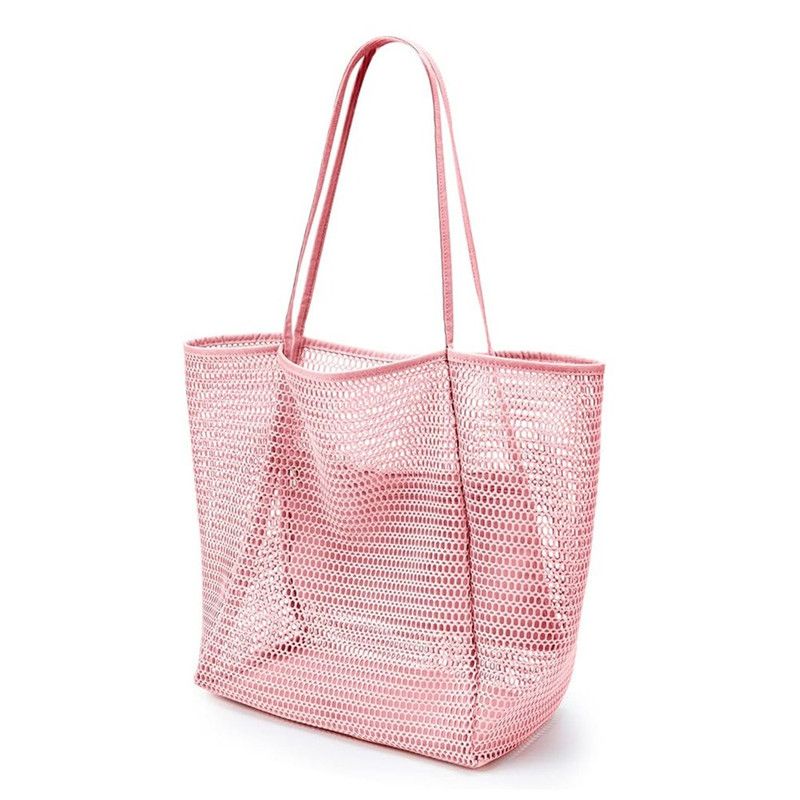 Mesh Large Beach Tote Bag, Foldable, Breathable Single-Shoulder Shopping Bag for Travel, 2-Pack—Pink