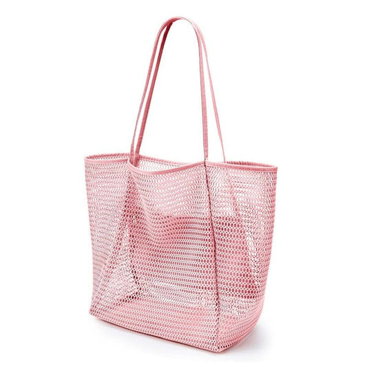 Mesh Large Beach Tote Bag, Foldable, Breathable Single-Shoulder Shopping Bag for Travel, 2-Pack—Pink