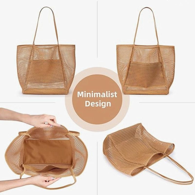 Mesh Large Beach Tote Bag, Foldable, Breathable Single-Shoulder Shopping Bag for Travel, 2-Pack—Pink