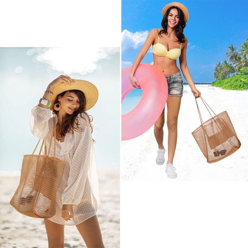 Mesh Large Beach Tote Bag, Foldable, Breathable Single-Shoulder Shopping Bag for Travel, 2-Pack—Pink