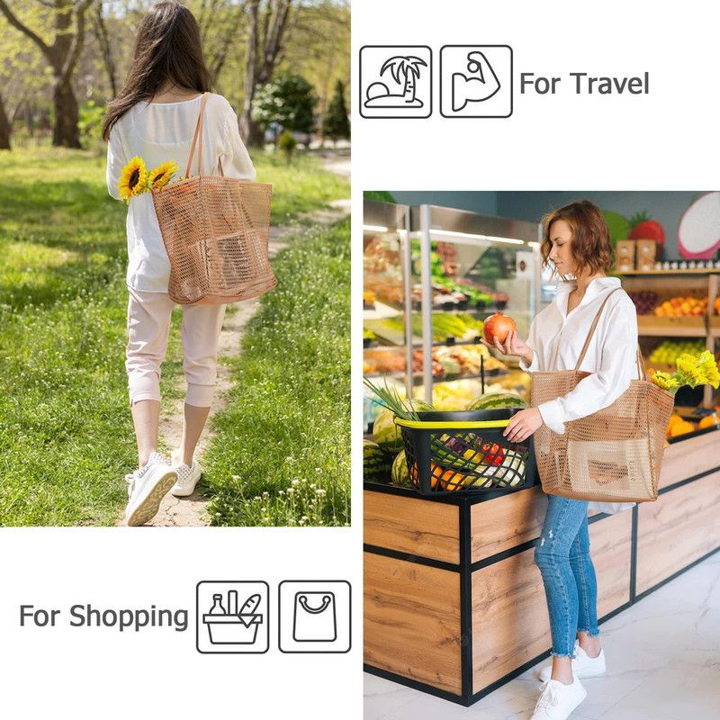 Mesh Large Beach Tote Bag, Foldable, Breathable Single-Shoulder Shopping Bag for Travel, 2-Pack—Pink