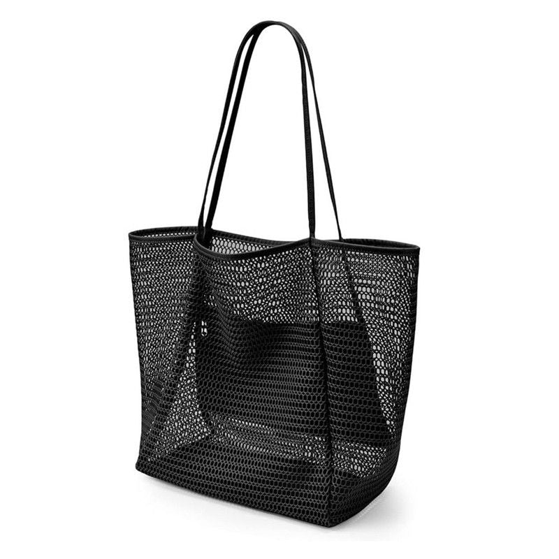 Mesh Large Beach Tote Bag, Foldable, Breathable, Single-Shoulder Shopping Bag for Travel, 2-Pack - Black