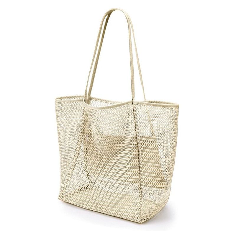 Mesh Large Beach Tote Bag, Foldable, Breathable, Single-Shoulder Shopping Bag for Travel, 2-Pack - Beige