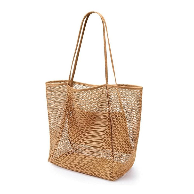 Mesh Large Beach Tote Bag, Foldable, Breathable, Single-Shoulder Shopping Bag for Travel, 2-Pack - Brown