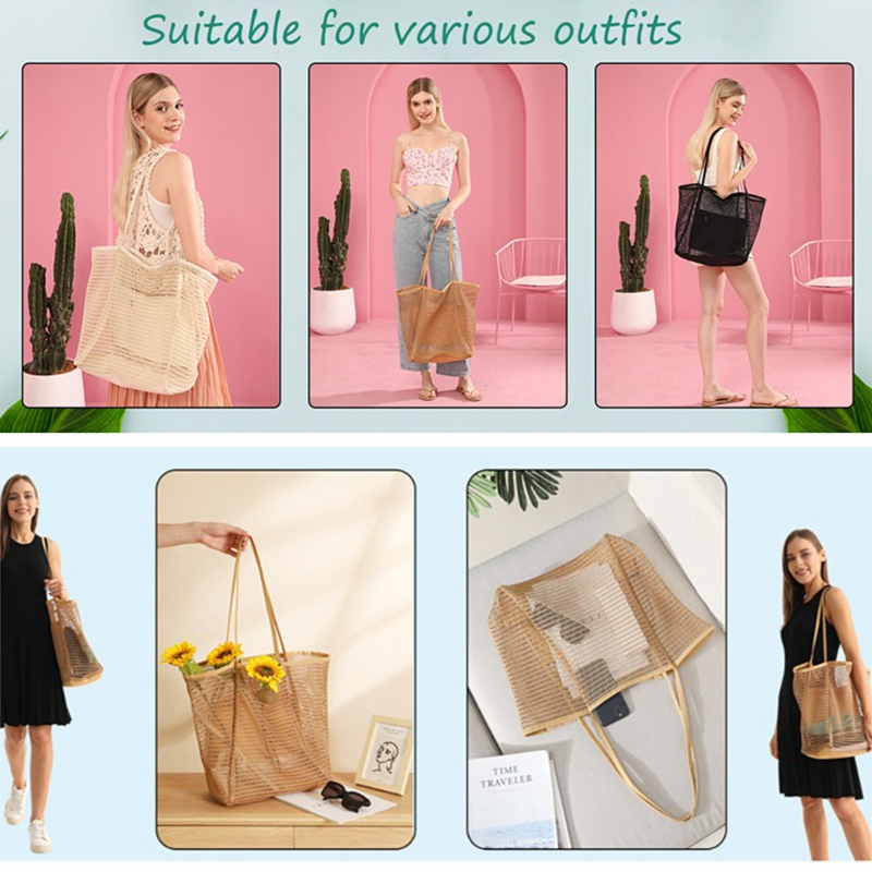 Mesh Large Beach Tote Bag, Foldable, Breathable, Single-Shoulder Shopping Bag for Travel, 2-Pack - Brown