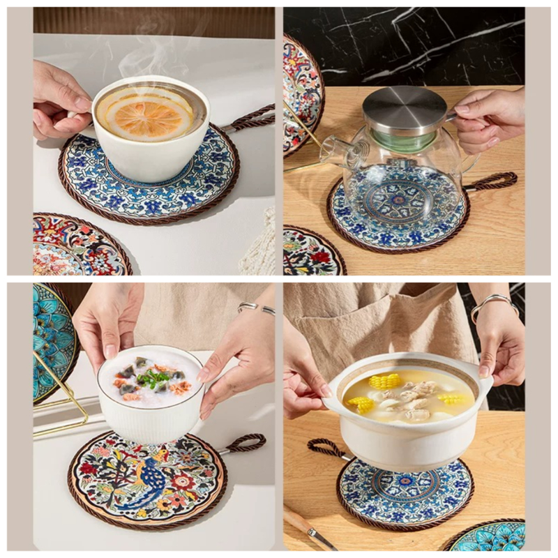 4-Pack - Chinese Retro Ceramic Trivet, Heat-Resistant, Non-Scratch Coaster with Cork Base, 17cm Round Table Mats - Floral Pattern