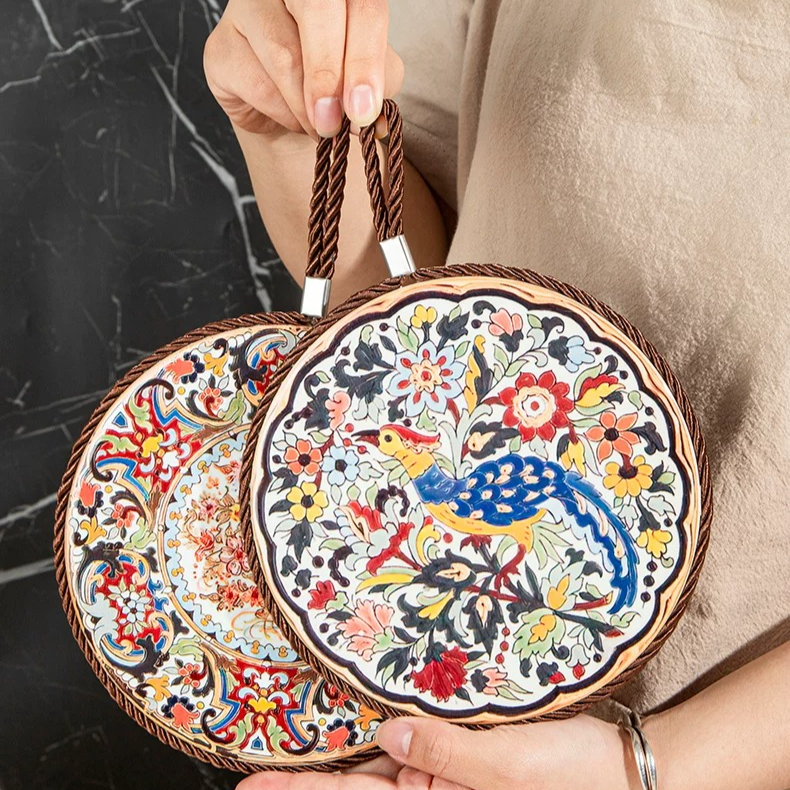 4-Pack - Chinese Retro Ceramic Trivet, Heat-Resistant, Non-Scratch Coaster with Cork Base, 17cm Round Table Mats - Floral Pattern