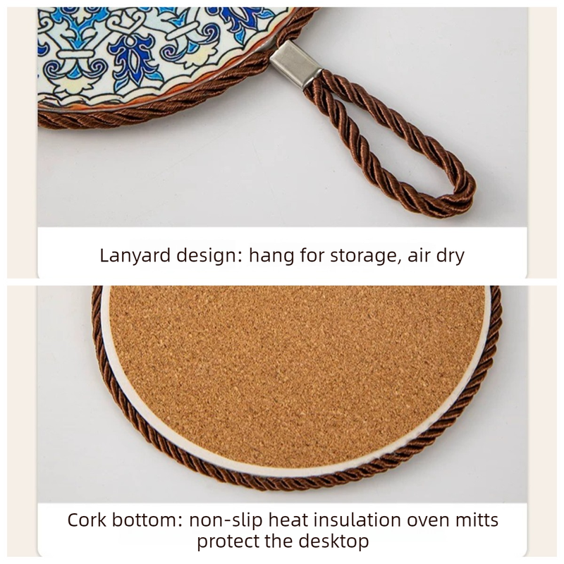 4-Pack - Chinese Retro Ceramic Trivet, Heat-Resistant, Non-Scratch Coaster with Cork Base, 17cm Round Table Mats - Geometric Floral Pattern