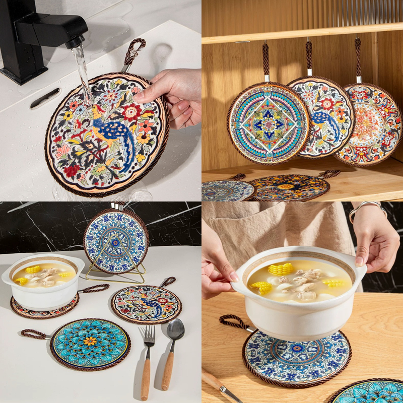 4-Pack - Chinese Retro Ceramic Trivet, Heat-Resistant, Non-Scratch Coaster with Cork Base, 17cm Round Table Mats - Phoenix Pattern