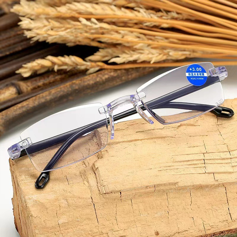 Rimless Diamond Cut Anti-Blue Light Reading Glasses +2.00 Diopters, Unisex, 2-Pack (Same Power) with 2 Clear Plastic Cases