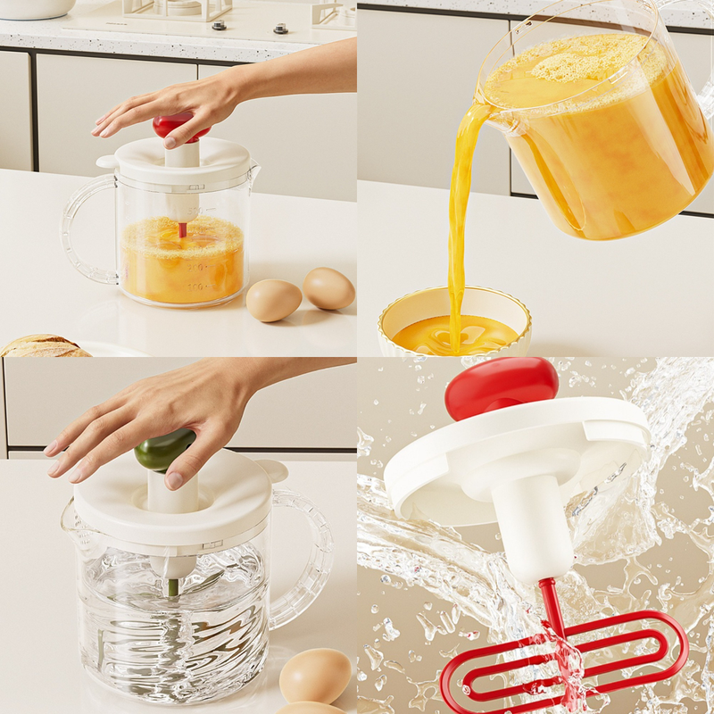 Semi-Auto Press Egg Beater Cup, Large-Capacity Measuring Manual Whisk for Cream & Egg Mixing—Green
