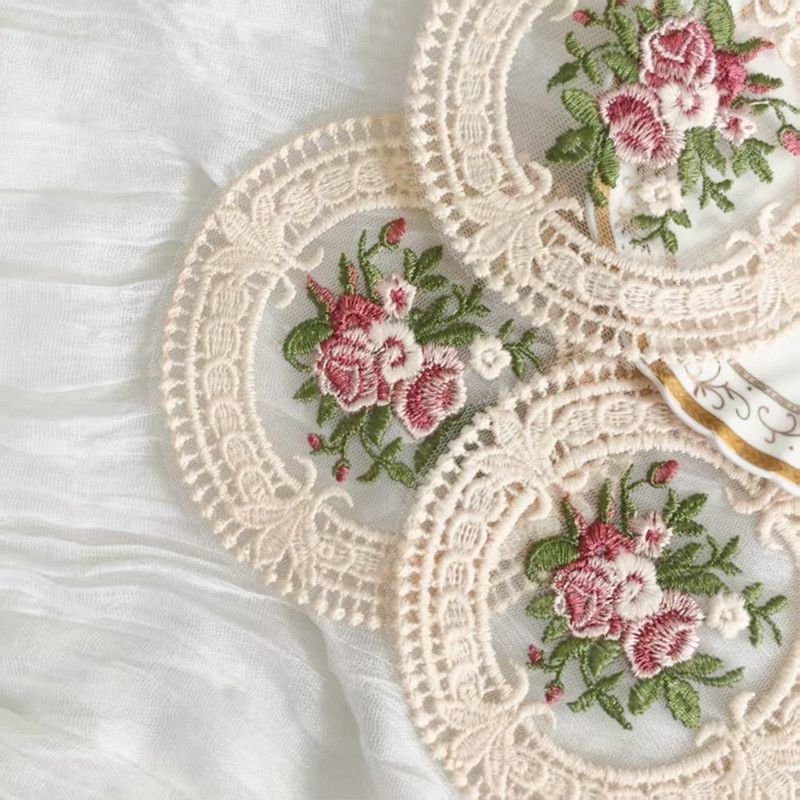6 Pack Beige Vintage Rose Embroidered Lace Coasters, French Ins Style Round Mesh Heat Resistant Cup Mats