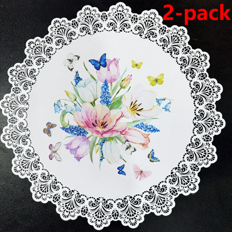 2-Pack Round PVC Lace-Printed Placemats, Waterproof, Oil-Resistant, Heat-Insulating Floral Table Mats - Tulip Pattern