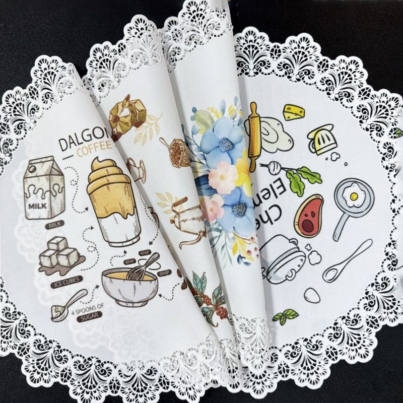 2-Pack Round PVC Lace Coffee-Printed Placemats, Waterproof, Oil-Resistant, Heat-Insulating, Non-Slip Table Mats—Coffee Design