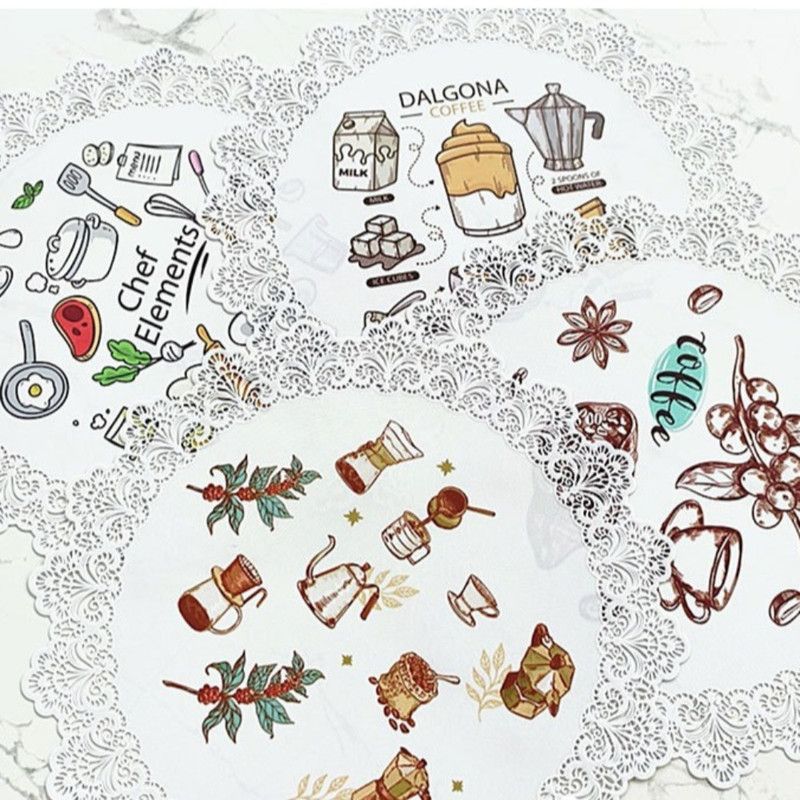 2-Pack Round PVC Lace Coffee-Printed Placemats, Waterproof, Oil-Resistant, Heat-Insulating, Non-Slip Table Mats - Hand-Painted Design