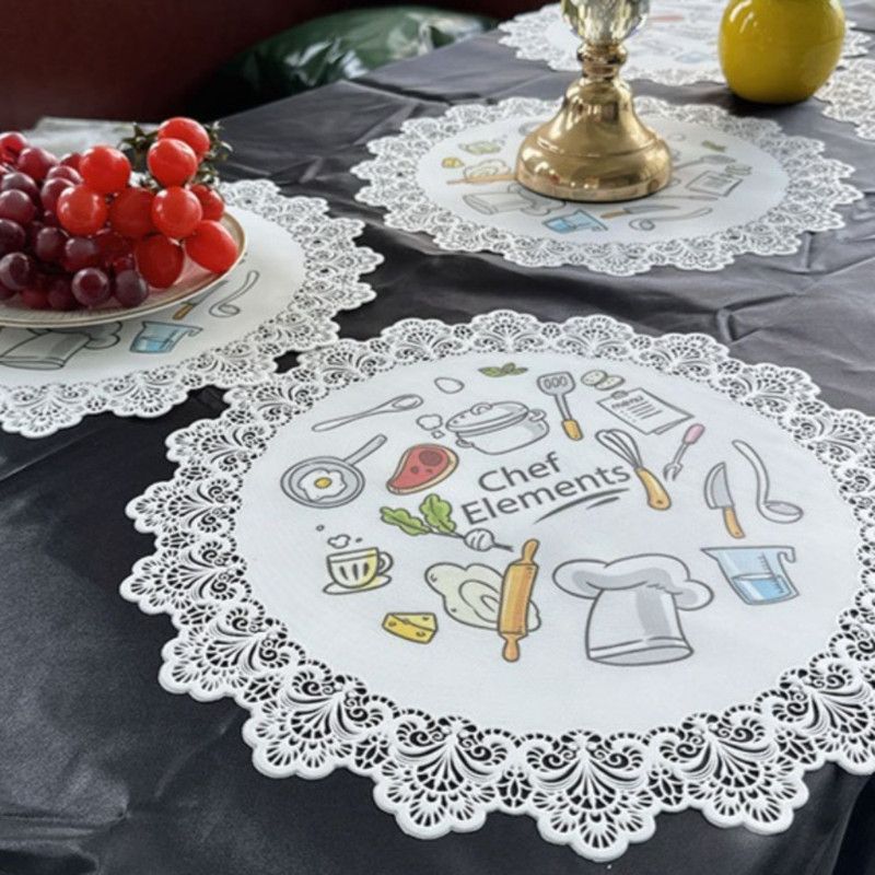 2-Pack Round PVC Lace Coffee-Printed Placemats, Waterproof, Oil-Resistant, Heat-Insulating, Non-Slip Table Mats - Coffee Design