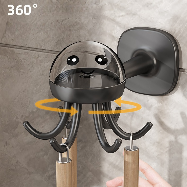 Octopus Rotating No-Drill Hook, Multi-Purpose Strong Adhesive 6-Claw Kitchen Utensil Wall Storage Rack—Beige