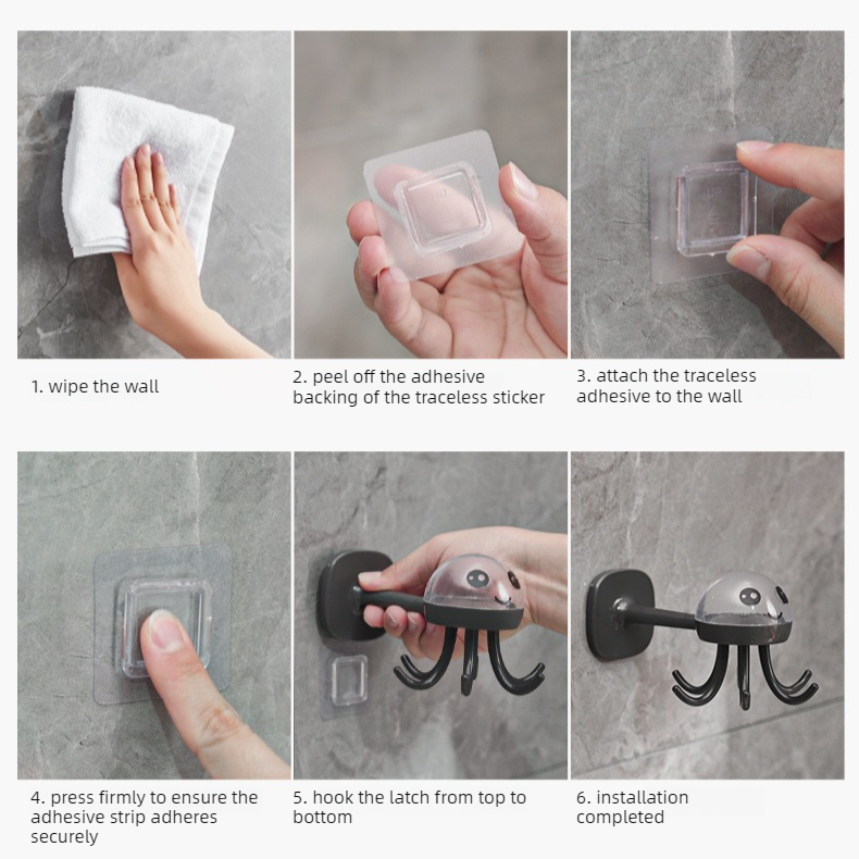 Octopus Rotating No-Drill Hook, Multi-Purpose Strong Adhesive 6-Claw Kitchen Utensil Wall Storage Rack—Beige