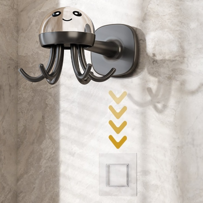 Octopus Rotating No-Drill Hook, Multi-Purpose Strong Adhesive 6-Claw Kitchen Utensil Wall Storage Rack—Beige