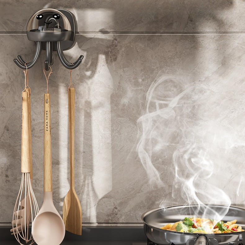 Octopus Rotating No-Drill Hook, Multi-Purpose Strong Adhesive 6-Claw Kitchen Utensil Wall Storage Rack—Gray