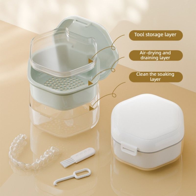 3-Layer Drainable Retainer Storage Case, Portable Invisible Braces & Denture Soaking Cleaning Box - Orange