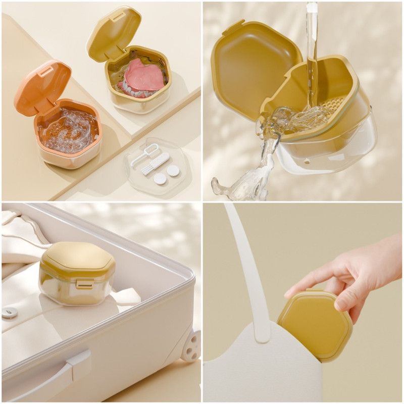 3-Layer Drainable Retainer Storage Case, Portable Invisible Braces & Denture Soaking Cleaning Box - White