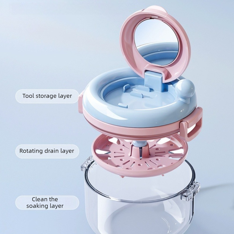 Hand Crank Centrifugal Retainer Cleaning & Storage 2-in-1 Case, Denture and Aligner Cleaner Box with Built-in Mirror—Pink