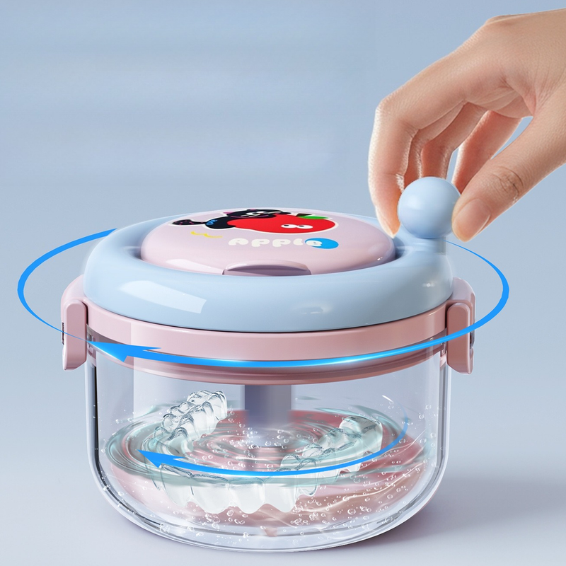 Hand Crank Centrifugal Retainer Cleaning & Storage 2-in-1 Case, Denture and Aligner Cleaner Box with Built-in Mirror—White