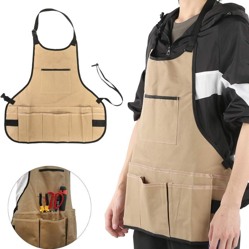 Multi-Pocket Waterproof Oxford Tool Apron, Large-Capacity Work Apron for Gardening, Auto Repair, and Painting—Khaki
