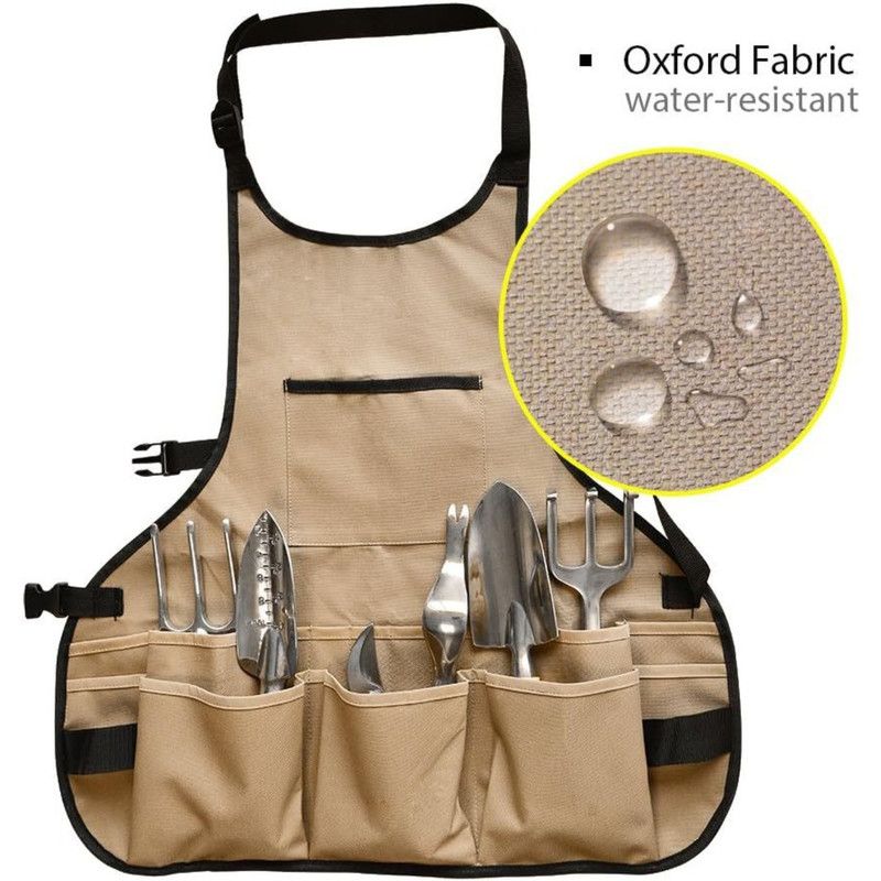 Multi-Pocket Waterproof Oxford Tool Apron, Large-Capacity Work Apron for Gardening, Auto Repair, and Painting—Khaki