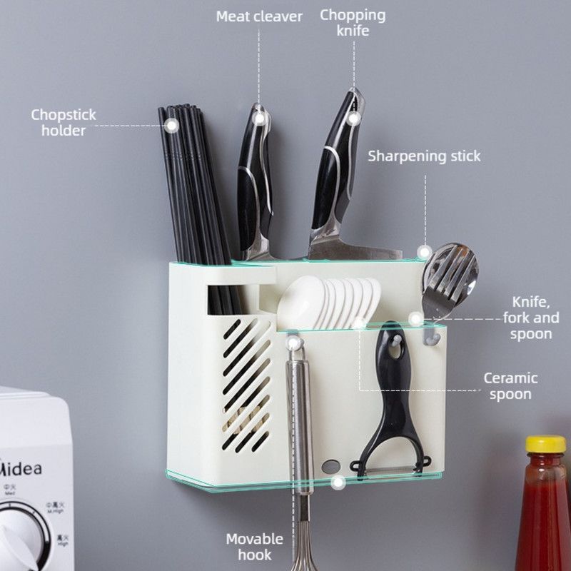 Wall-Mounted Chopstick Holder, Multi-Compartment Kitchen Utensil Storage Rack, Drainable Cutlery Organizer—Gray