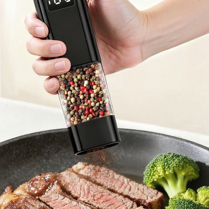 Type-C Rechargeable Electric Pepper Grinder, Digital Power Display Automatic Spice Mill—Black