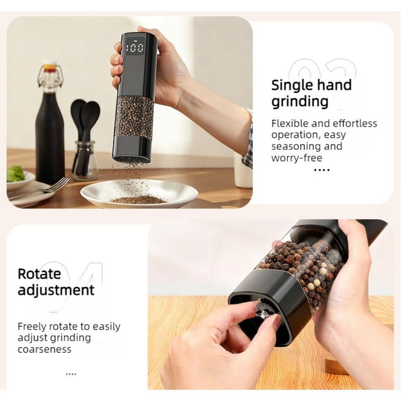 Type-C Rechargeable Electric Pepper Grinder, Digital Power Display Automatic Spice Mill—Black