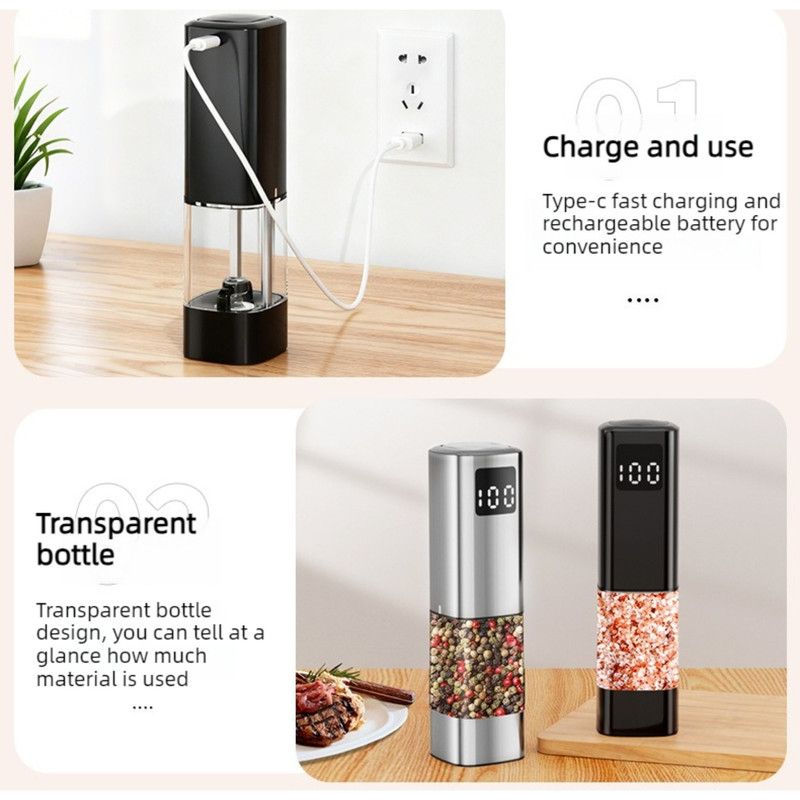Type-C Rechargeable Electric Pepper Grinder, Digital Power Display Automatic Spice Mill—Silver
