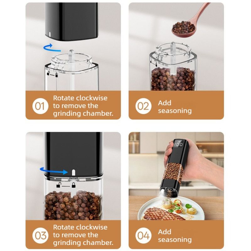 Type-C Rechargeable Electric Pepper Grinder, Digital Power Display Automatic Spice Mill—Silver
