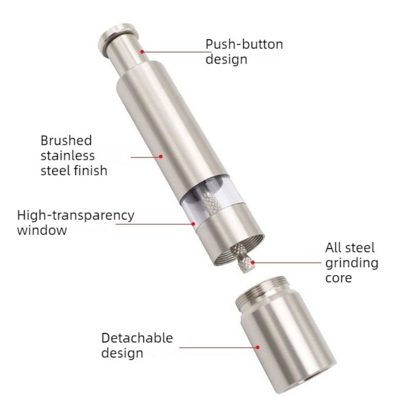 Stainless Steel Push-Type Pepper Grinder, Portable Manual Spice Mill, Pepper & Sea Salt Grinder