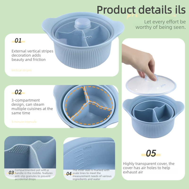Food-Grade Silicone Divided Steamer Pot, Double-Handled Stew Pot with Lid, 1250ml, for Home Diet Cooking—Beige