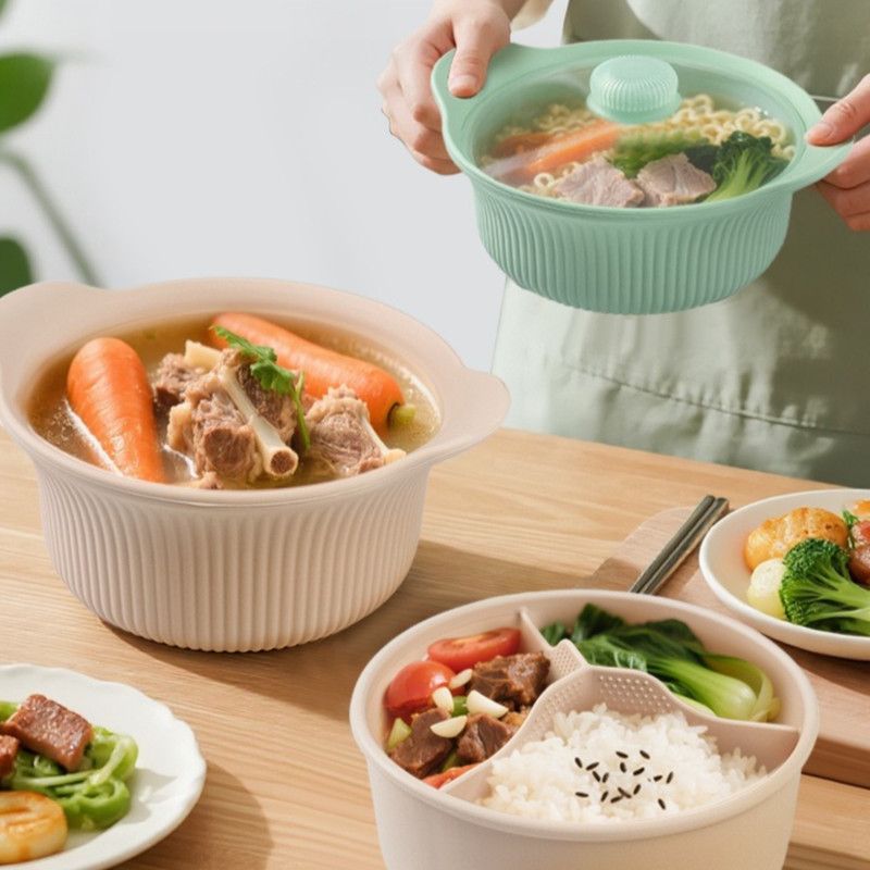 Food-Grade Silicone Divided Steamer Pot, Double-Handled Stew Pot with Lid, 1250ml, for Home Diet Cooking—Beige