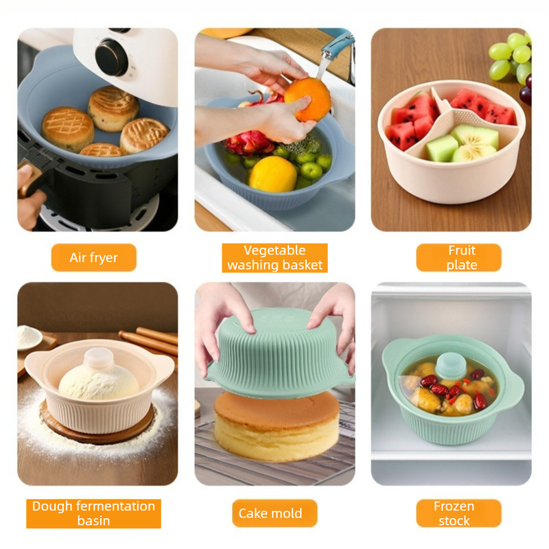 Food-Grade Silicone Divided Steamer Pot, Double-Handled Stew Pot with Lid, 1250ml, for Home Diet Cooking—Beige