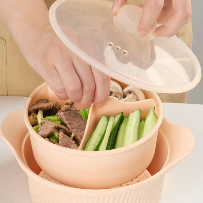 Food-Grade Silicone Divided Steamer Pot, Double-Handled Stew Pot with Lid, 1250ml, for Home Diet Cooking—Blue