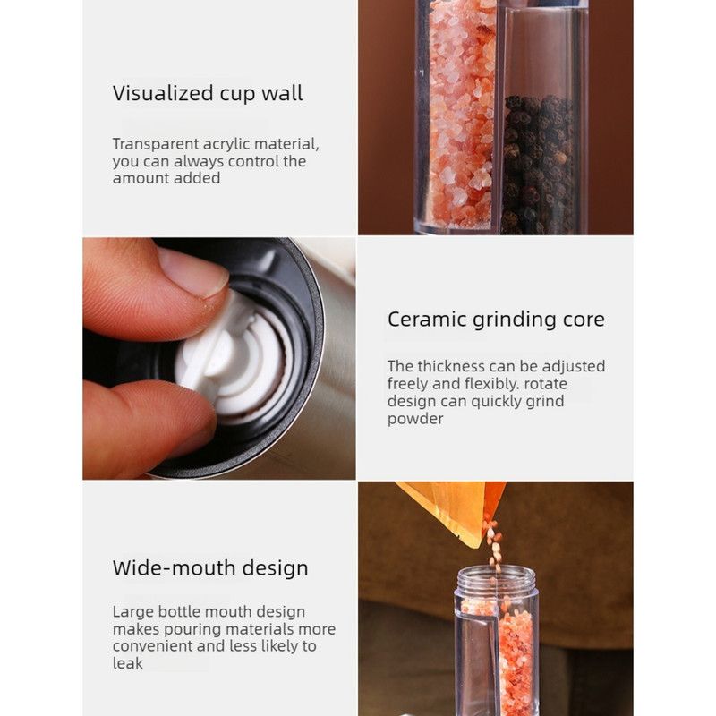 Double-Head Manual Spice Grinder, 2-in-1 Pepper & Sea Salt Mill, Adjustable Coarseness Seasoning Crusher—Black