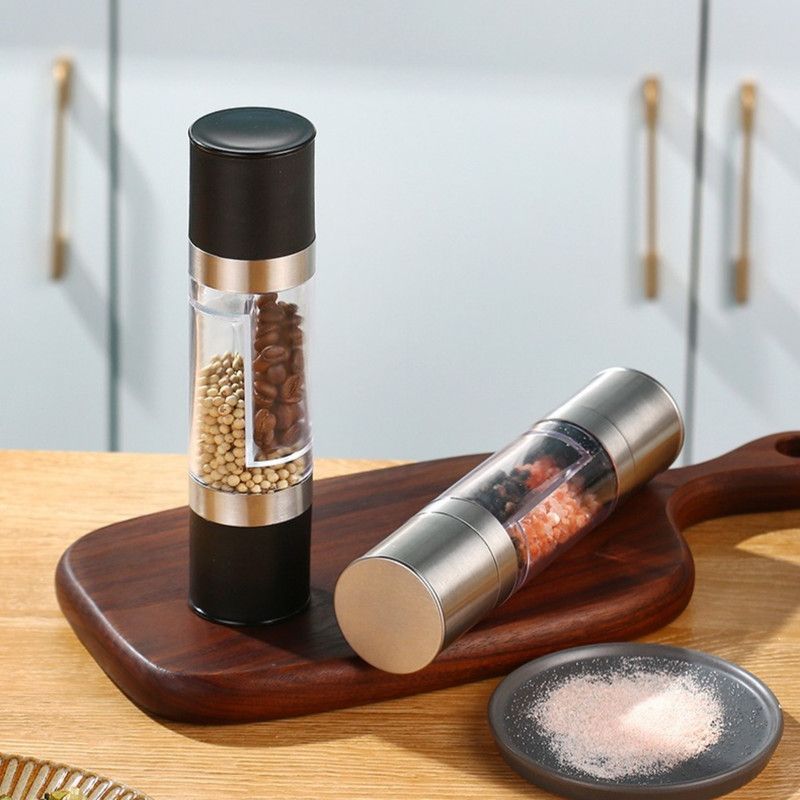 Double-Head Manual Spice Grinder, 2-in-1 Pepper & Sea Salt Mill, Adjustable Coarseness Seasoning Crusher—Black