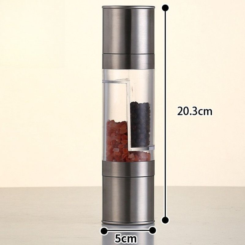 Double-Head Manual Spice Grinder, 2-in-1 Pepper & Sea Salt Mill, Adjustable Coarseness Seasoning Crusher—Silver