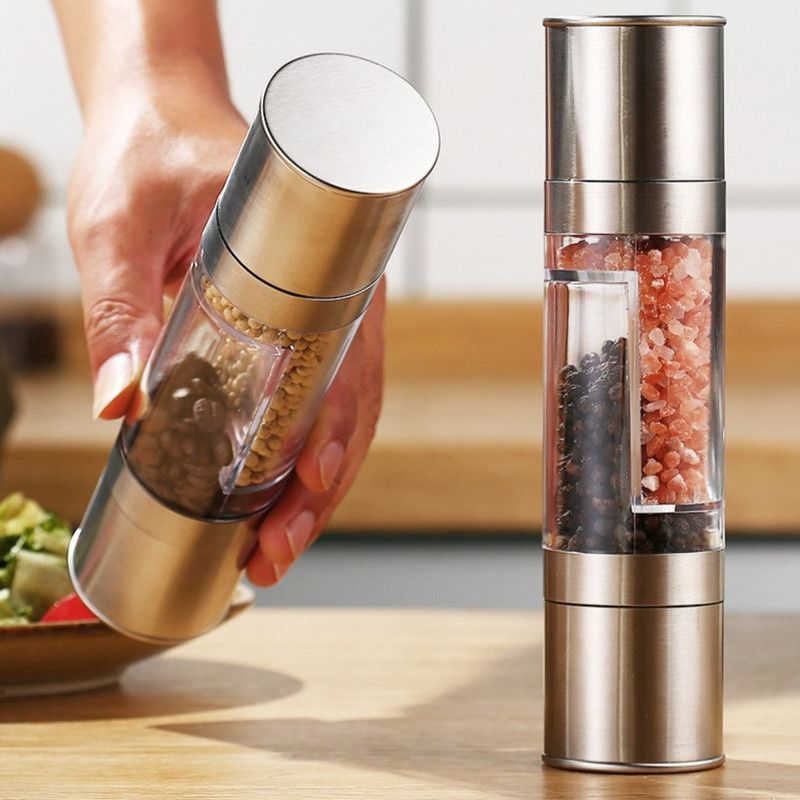 Double-Head Manual Spice Grinder, 2-in-1 Pepper & Sea Salt Mill, Adjustable Coarseness Seasoning Crusher—Silver