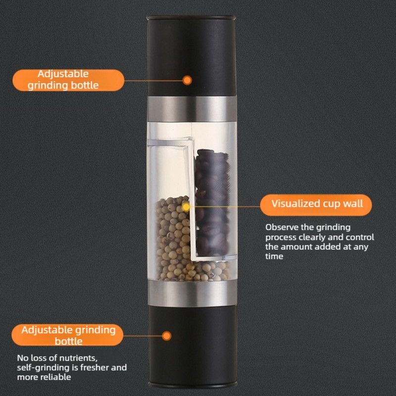 Double-Head Manual Spice Grinder, 2-in-1 Pepper & Sea Salt Mill, Adjustable Coarseness Seasoning Crusher—Silver