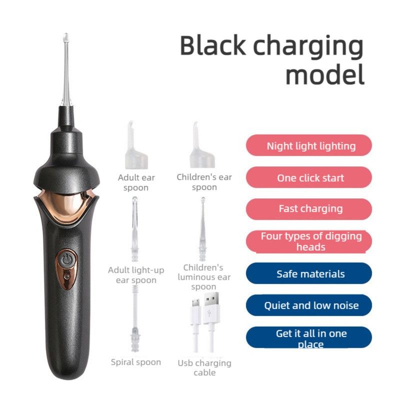 Electric Light-Up Earwax Remover, Self-Suction Ear Scoop Kit, Safe Ear Cleaning Tool for Kids & Adults—Black