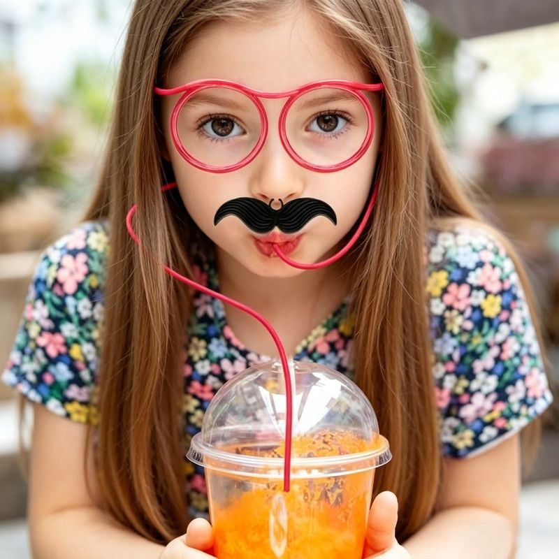 5-Pack Round Glasses-Shaped Straw, PETG, Food-Grade, Odorless, Reusable, Cute & Funny Novelty Straw