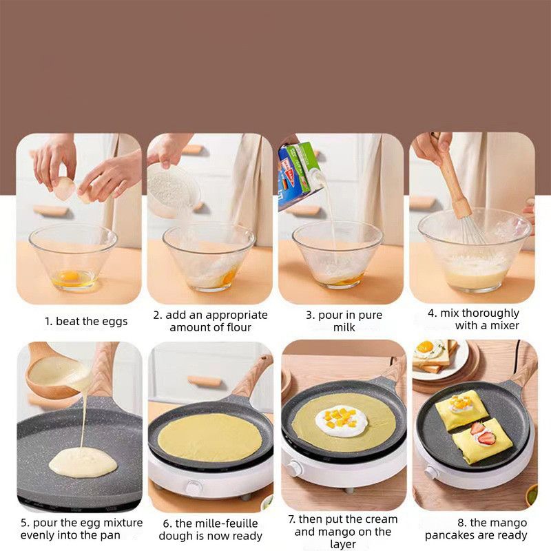 26cm Non Stick Crepe Pan Wooden Handle Induction Compatible Flat Skillet Frying Pan